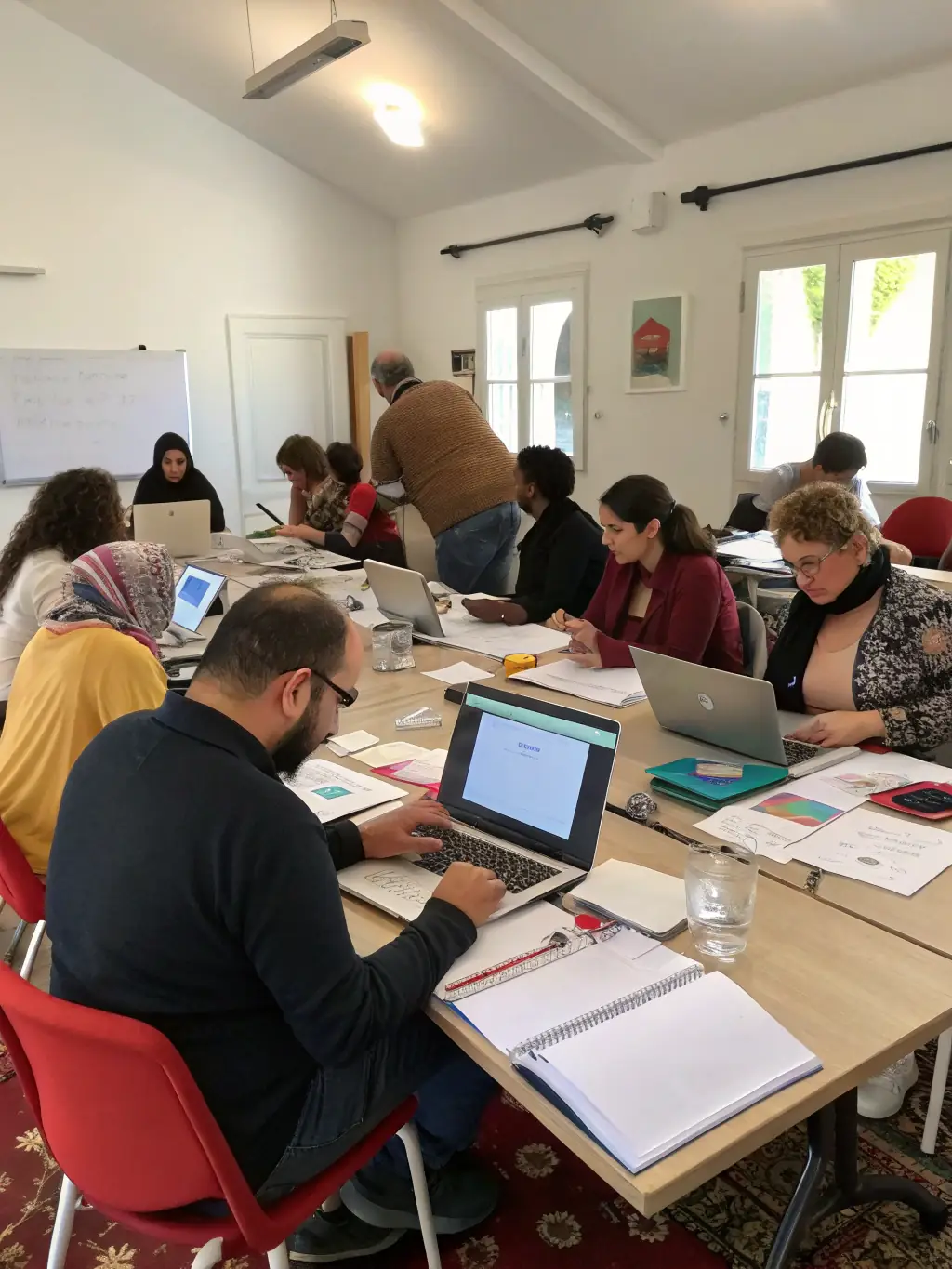 An engaging photo of a workshop session in Edinburgh, showing participants actively collaborating and learning new skills.