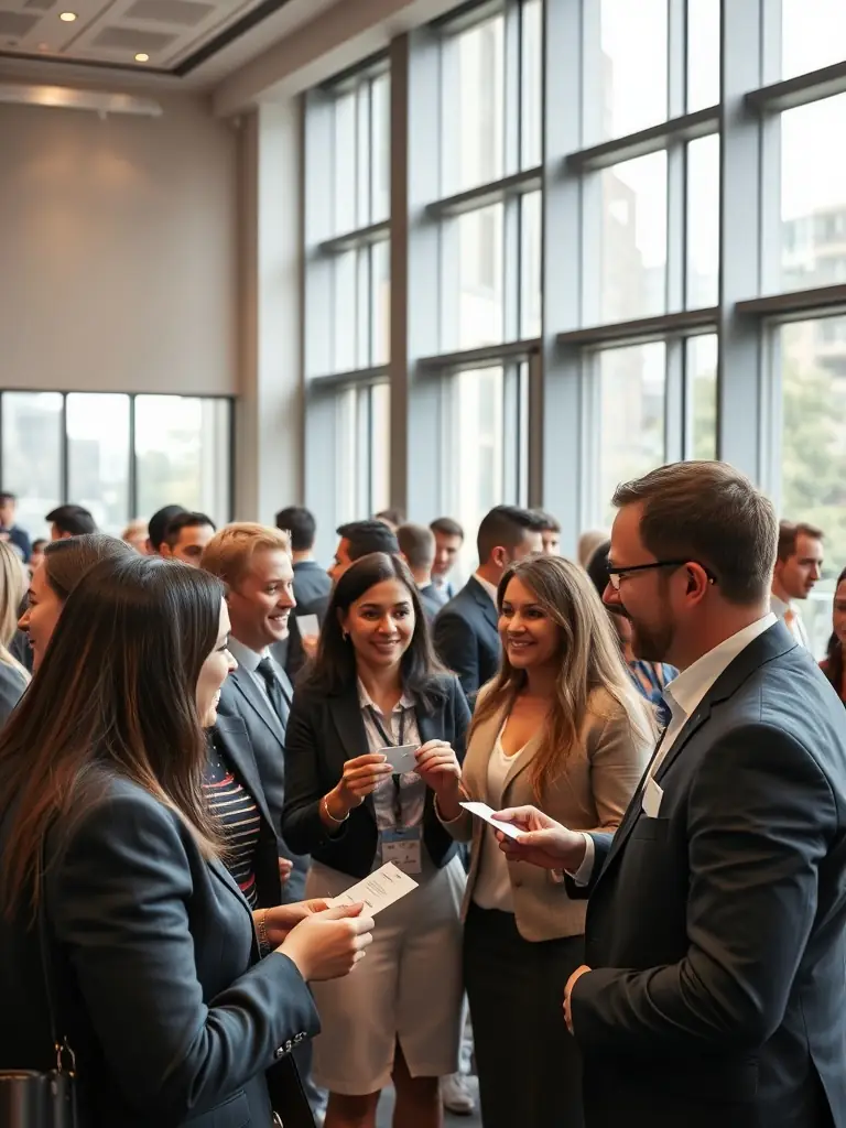A dynamic image of a networking event in Manchester, featuring professionals engaging in conversations and exchanging business cards.